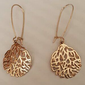 Vintage Pierced Round Dangle Earrings Gold Tone With Gold Tone Crystal Accents